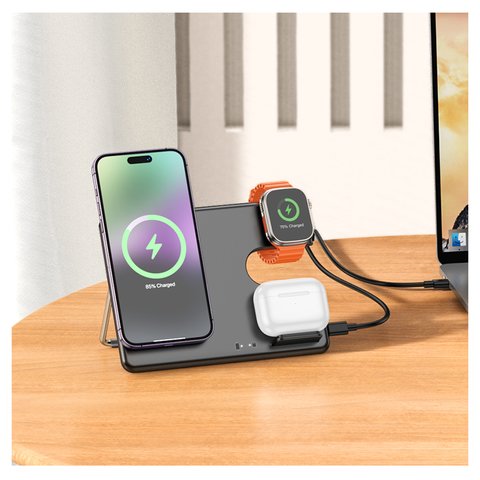 Беспроводное зарядное устройство Hoco CQ1 3-in-1, Quick Charge, черное, USB тип-C, 15 Вт, раскладное, настольный, магнитное, iwatch, #6942007602310 Превью 4
