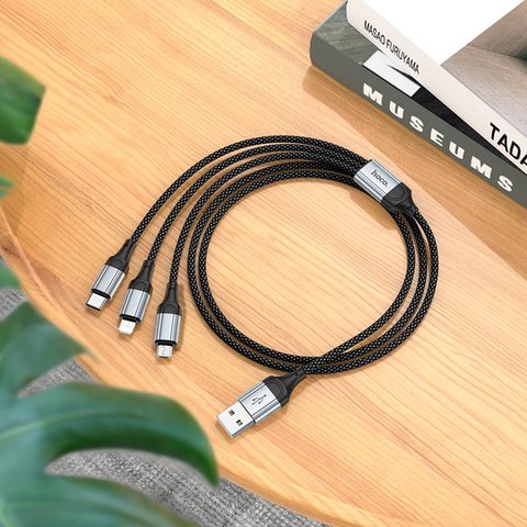 USB Cable Hoco X102, (USB type-A, USB type C, micro USB type-B, Lightning, 100 cm, 2.4 A, black, nylon braided, 3 in 1) #5942007608794 Preview 2