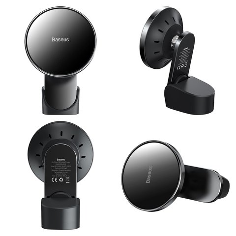 Автомобільний тримач Baseus Big Energy, чорний, на дефлектор, магнітний, клейка основа, з безпровідною зарядкою, з USB кабелем тип-C, 15 Вт, #WXJN-01 Прев'ю 1