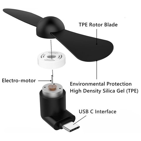 Вентилятор Mini, черный, мобильный, USB тип-C Превью 3